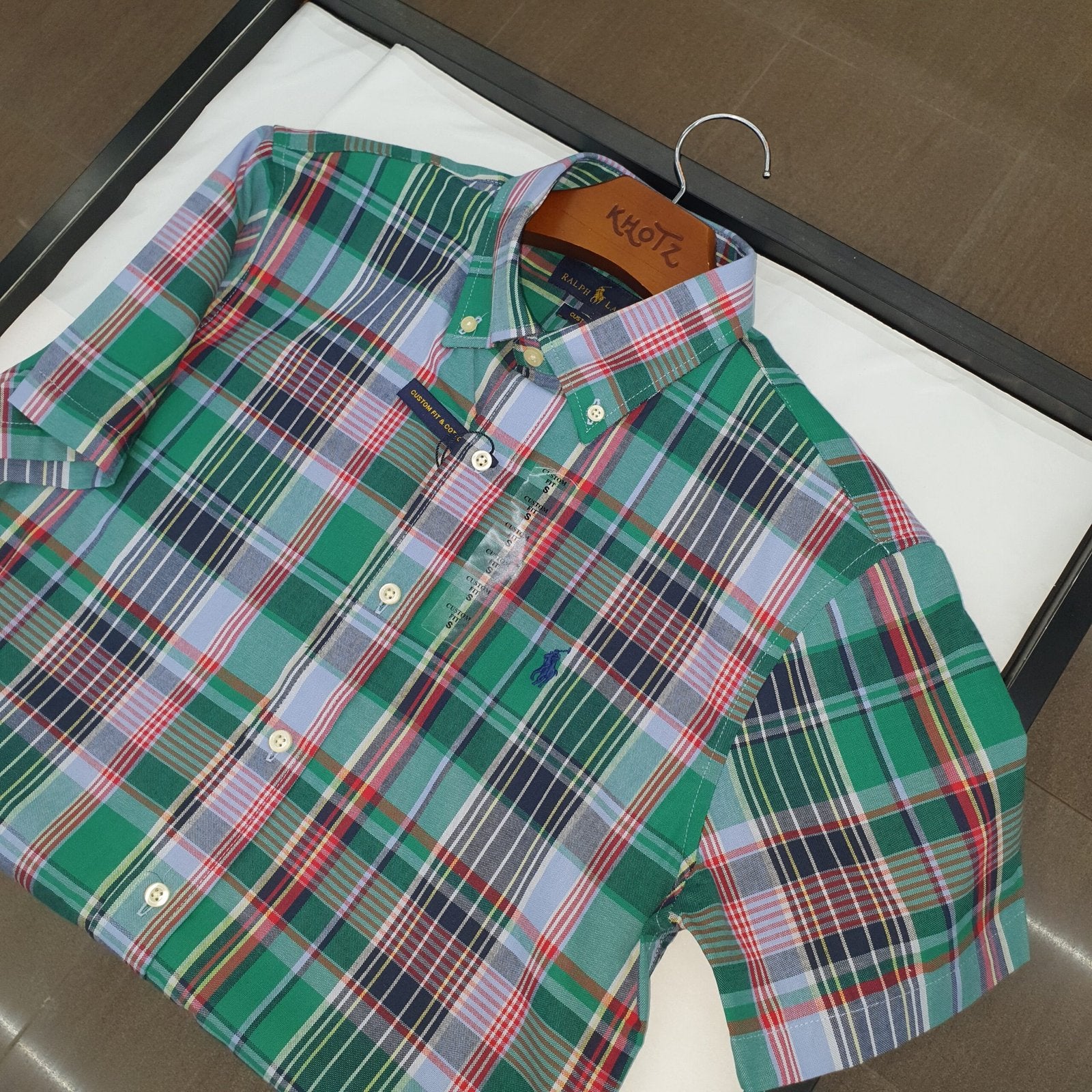 Camisa Ralph Lauren Masculina Manga Curta Xadrez Verde Americano Pony Marinho