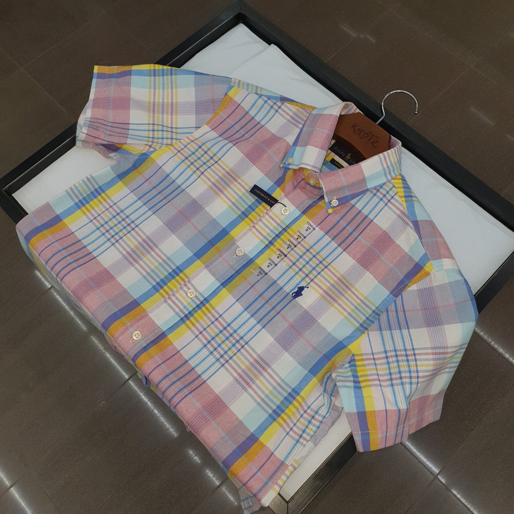 Camisa Ralph Lauren Masculina Manga Curta Xadrez Rosa Americano Pony Marinho