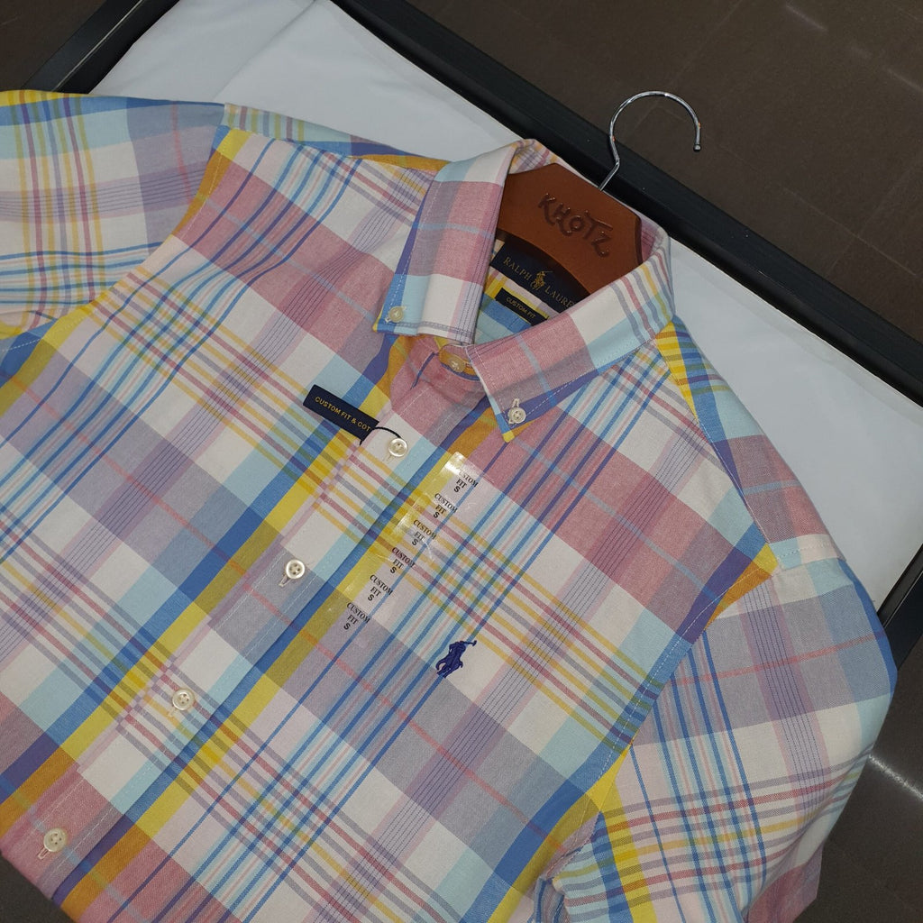 Camisa Ralph Lauren Masculina Manga Curta Xadrez Rosa Americano Pony Marinho