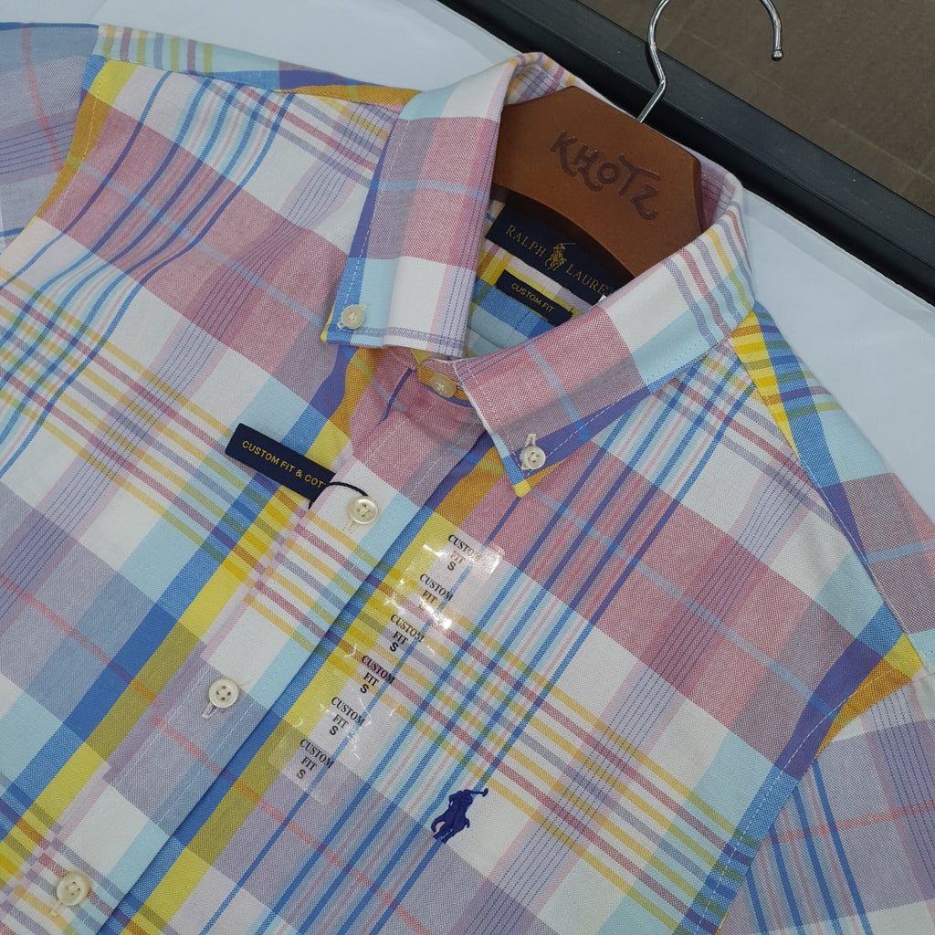 Camisa Ralph Lauren Masculina Manga Curta Xadrez Rosa Americano Pony Marinho
