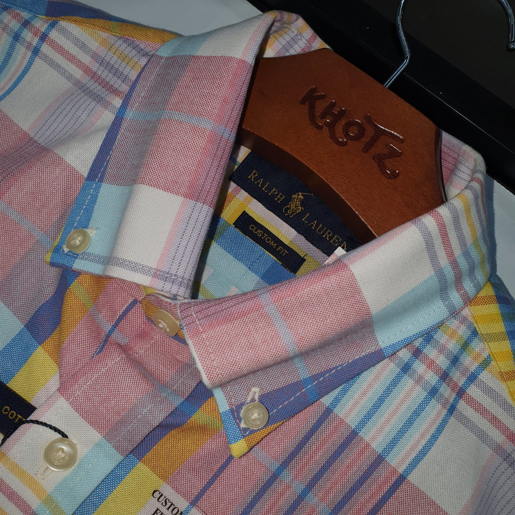 Camisa Ralph Lauren Masculina Manga Curta Xadrez Rosa Americano Pony Marinho