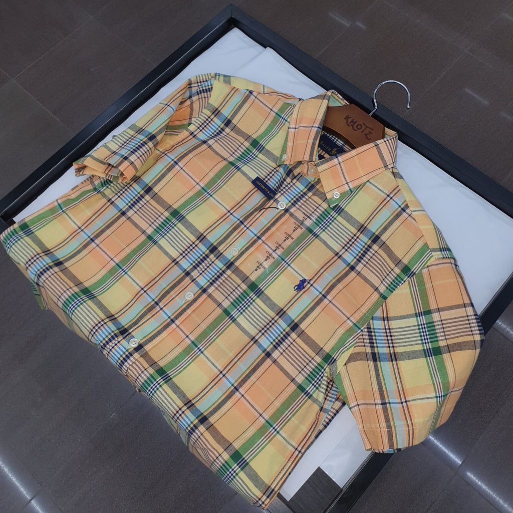 Camisa Ralph Lauren Masculina Manga Curta Xadrez Amarelo Americano Pony Marinho