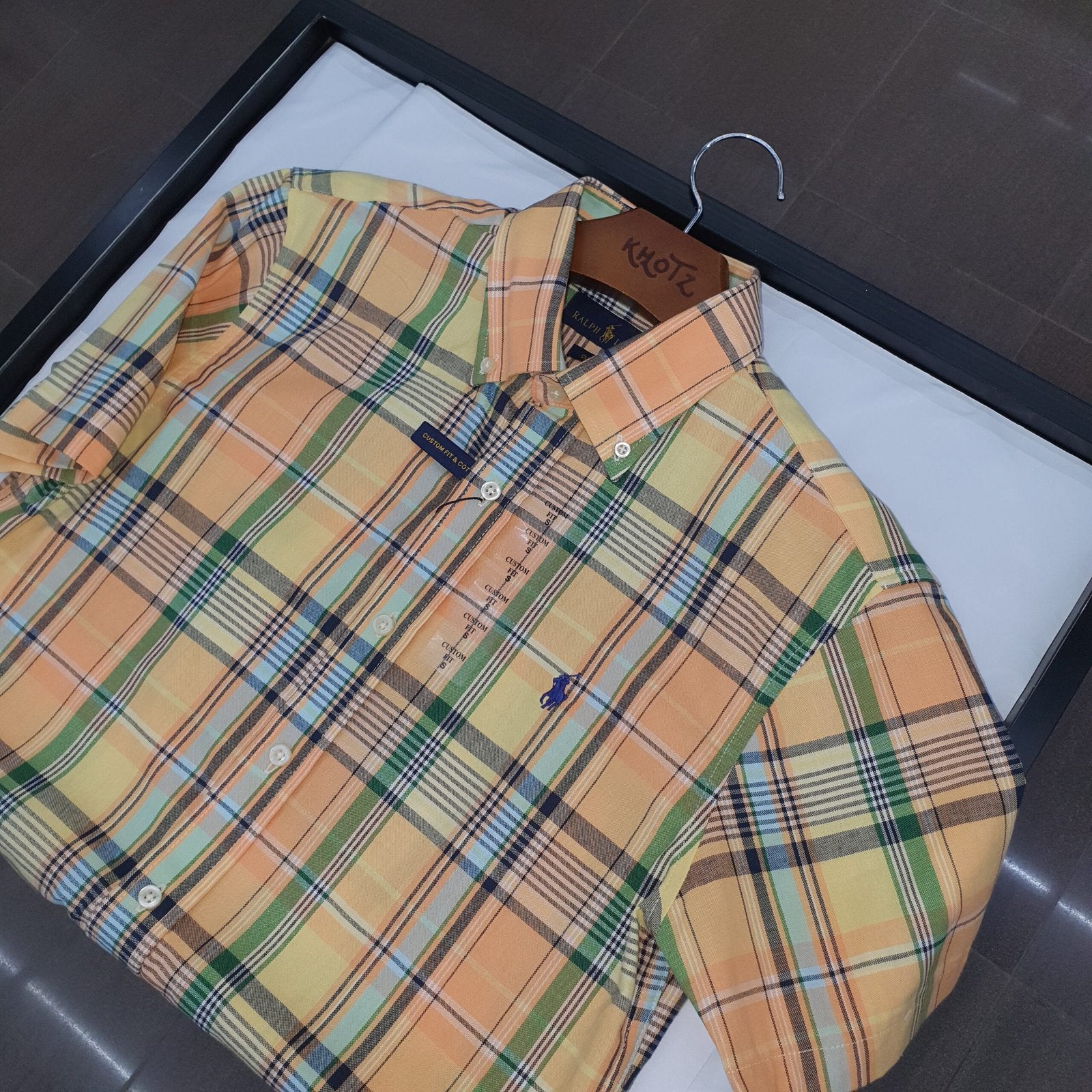 Camisa Ralph Lauren Masculina Manga Curta Xadrez Amarelo Americano Pony Marinho