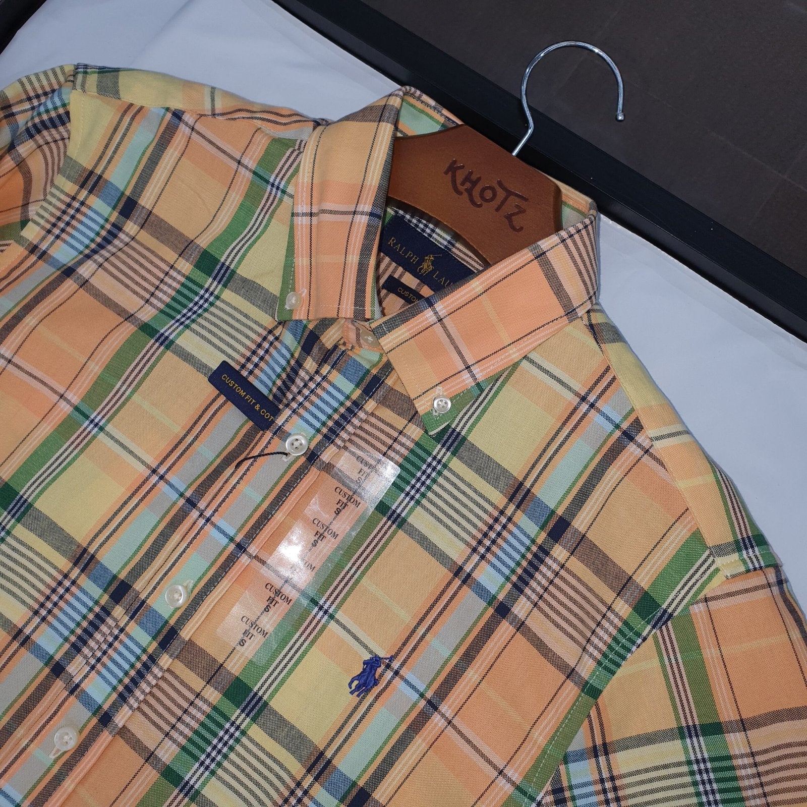 Camisa Ralph Lauren Masculina Manga Curta Xadrez Amarelo Americano Pony Marinho
