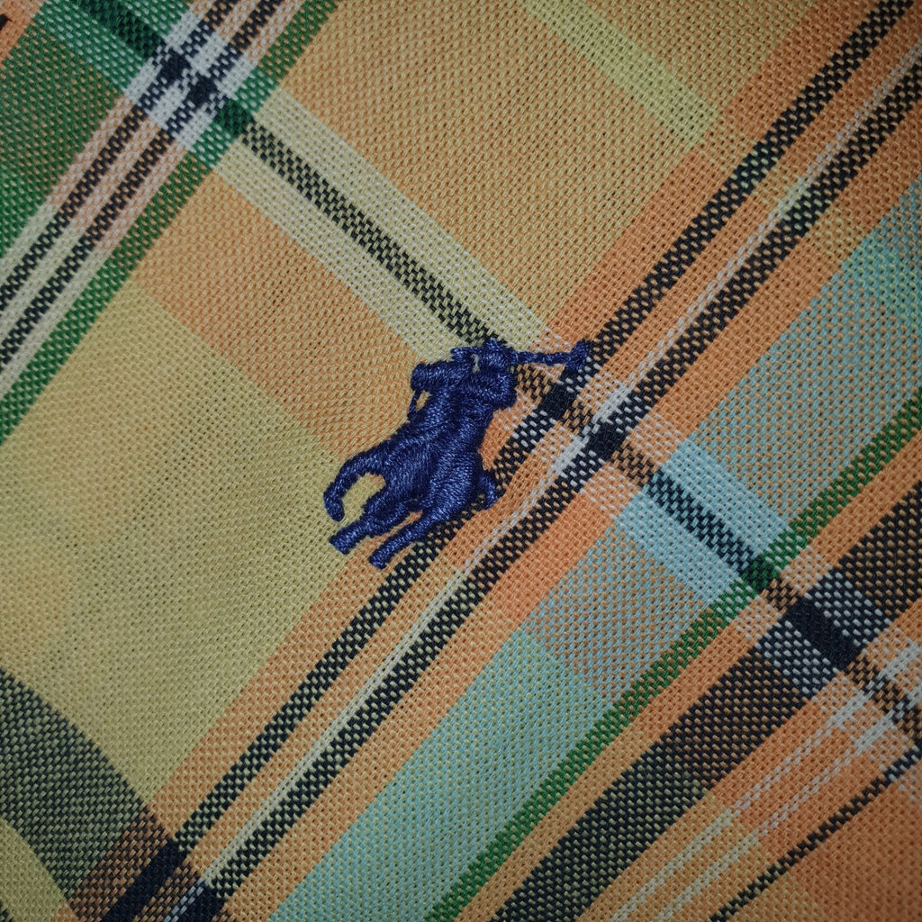 Camisa Ralph Lauren Masculina Manga Curta Xadrez Amarelo Americano Pony Marinho