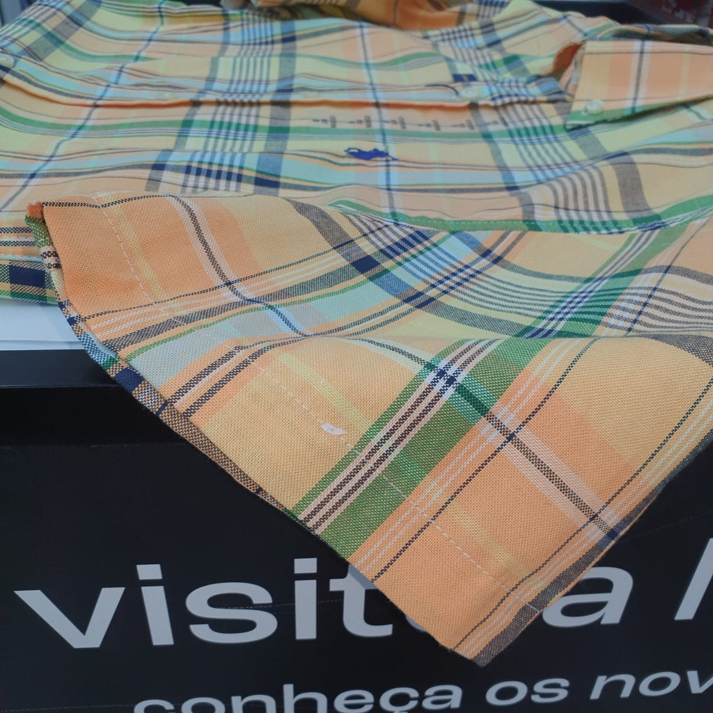 Camisa Ralph Lauren Masculina Manga Curta Xadrez Amarelo Americano Pony Marinho