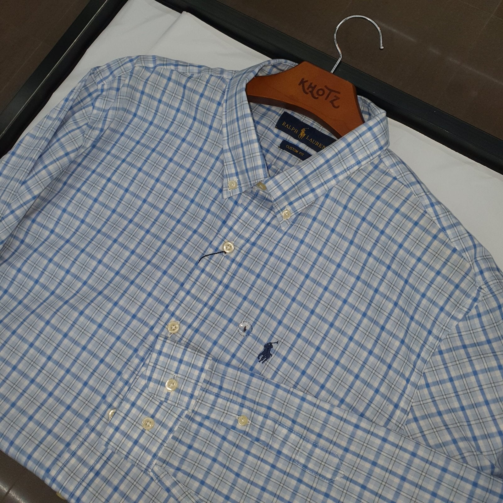 Camisa Ralph Lauren Masculina Xadrez Listras Azul e Branco Pony Marinho