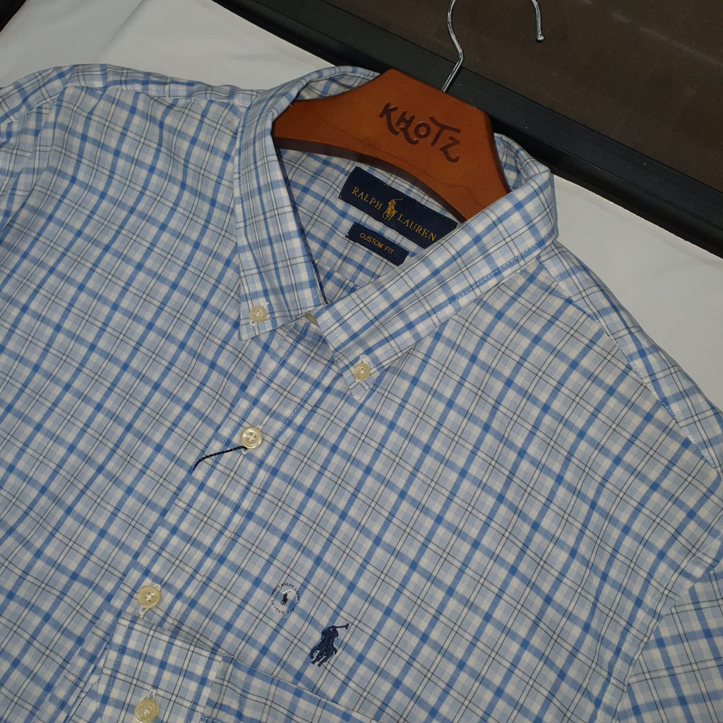 Camisa Ralph Lauren Masculina Xadrez Listras Azul e Branco Pony Marinho