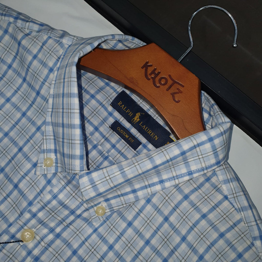 Camisa Ralph Lauren Masculina Xadrez Listras Azul e Branco Pony Marinho