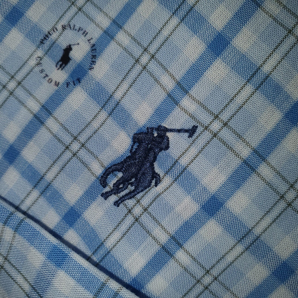 Camisa Ralph Lauren Masculina Xadrez Listras Azul e Branco Pony Marinho