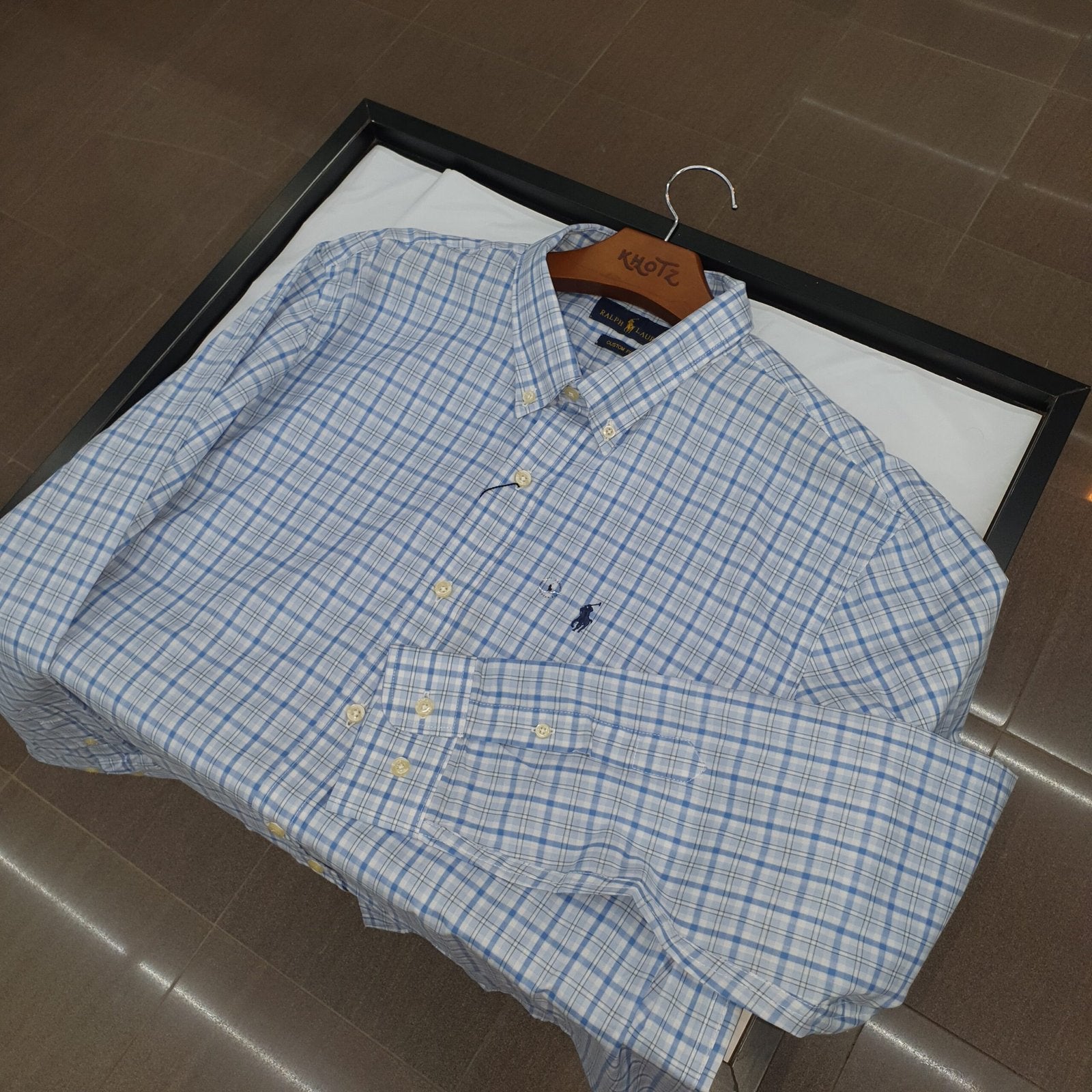 Camisa Ralph Lauren Masculina Xadrez Listras Azul e Branco Pony Marinho