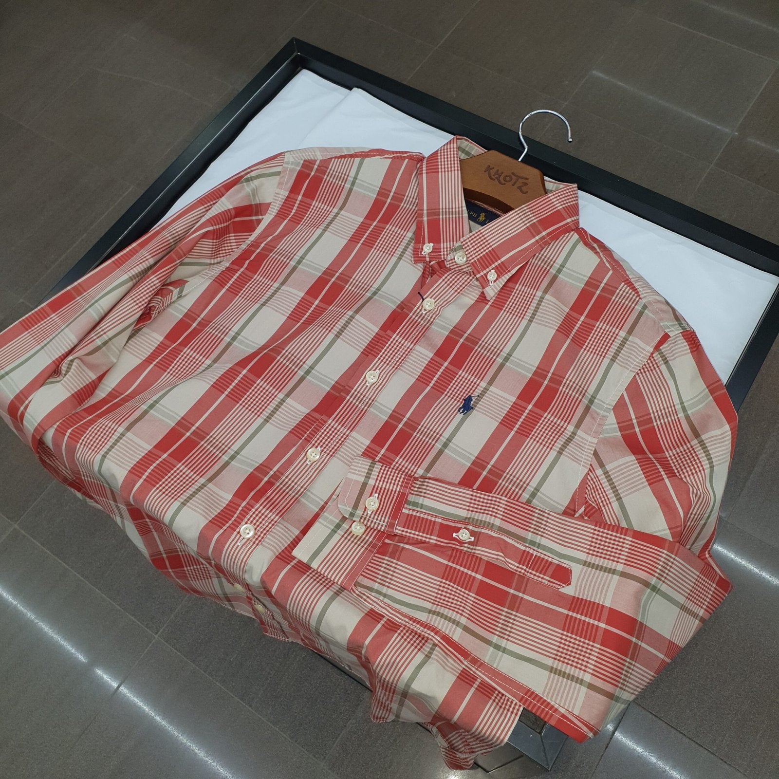 Camisa Ralph Lauren Masculina Xadrez Listras Marrom Madeira Pony Marinho