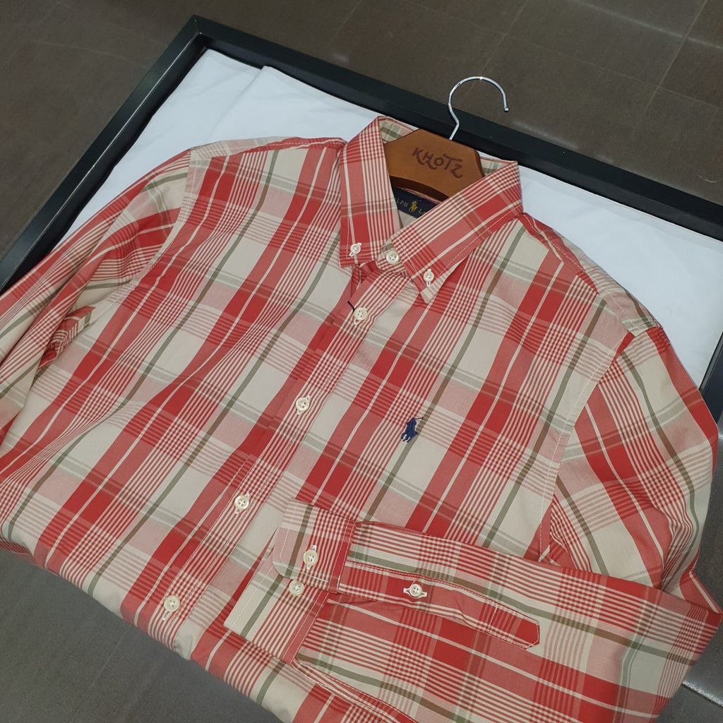 Camisa Ralph Lauren Masculina Xadrez Listras Marrom Madeira Pony Marinho