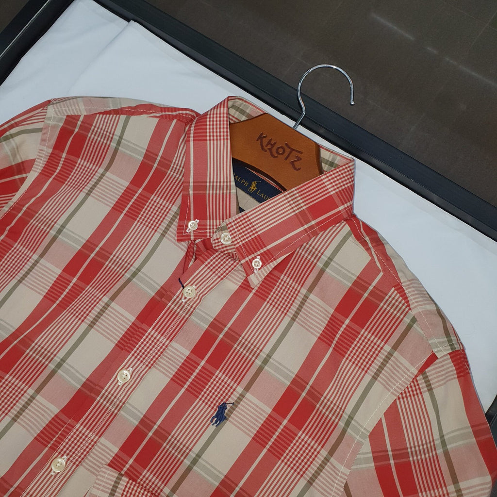 Camisa Ralph Lauren Masculina Xadrez Listras Marrom Madeira Pony Marinho