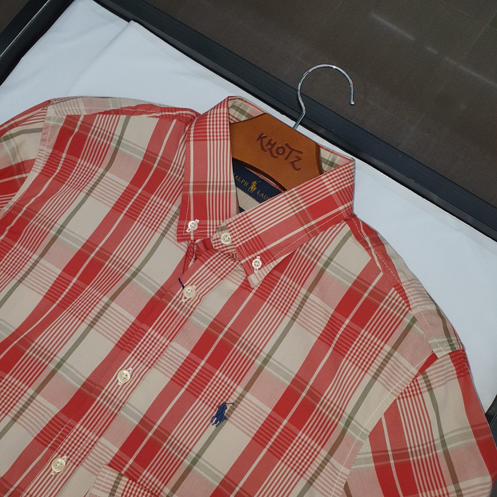 Camisa Ralph Lauren Masculina Xadrez Listras Marrom Madeira Pony Marinho