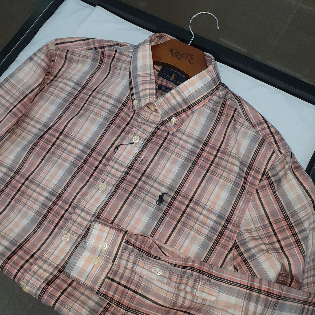 Camisa Ralph Lauren Masculina Xadrez Listras Marrom Maravalha Pony Preto