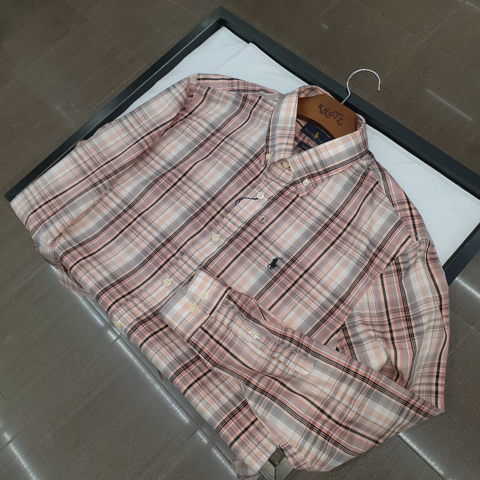 Camisa Ralph Lauren Masculina Xadrez Listras Marrom Maravalha Pony Preto