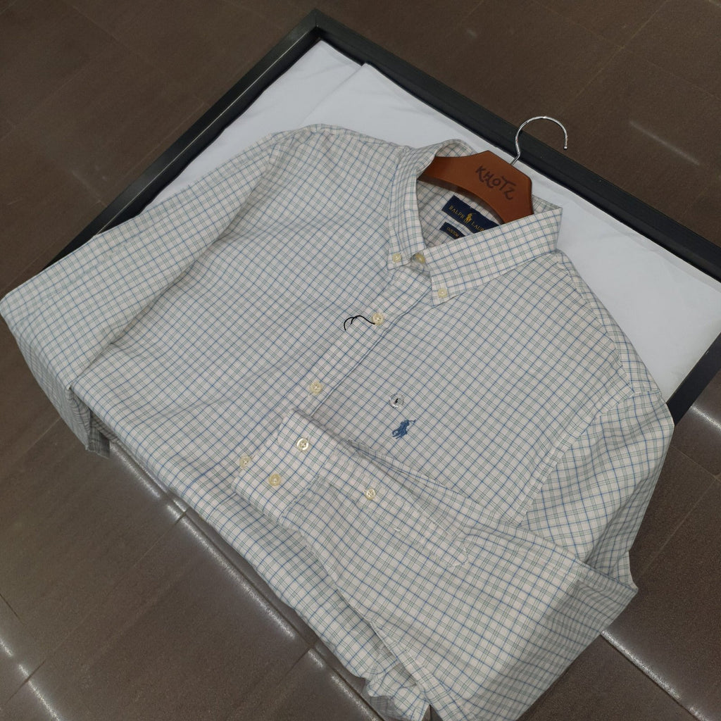 Camisa Ralph Lauren Masculina Xadrez Listrado Azul e Branco Pony Turquesa