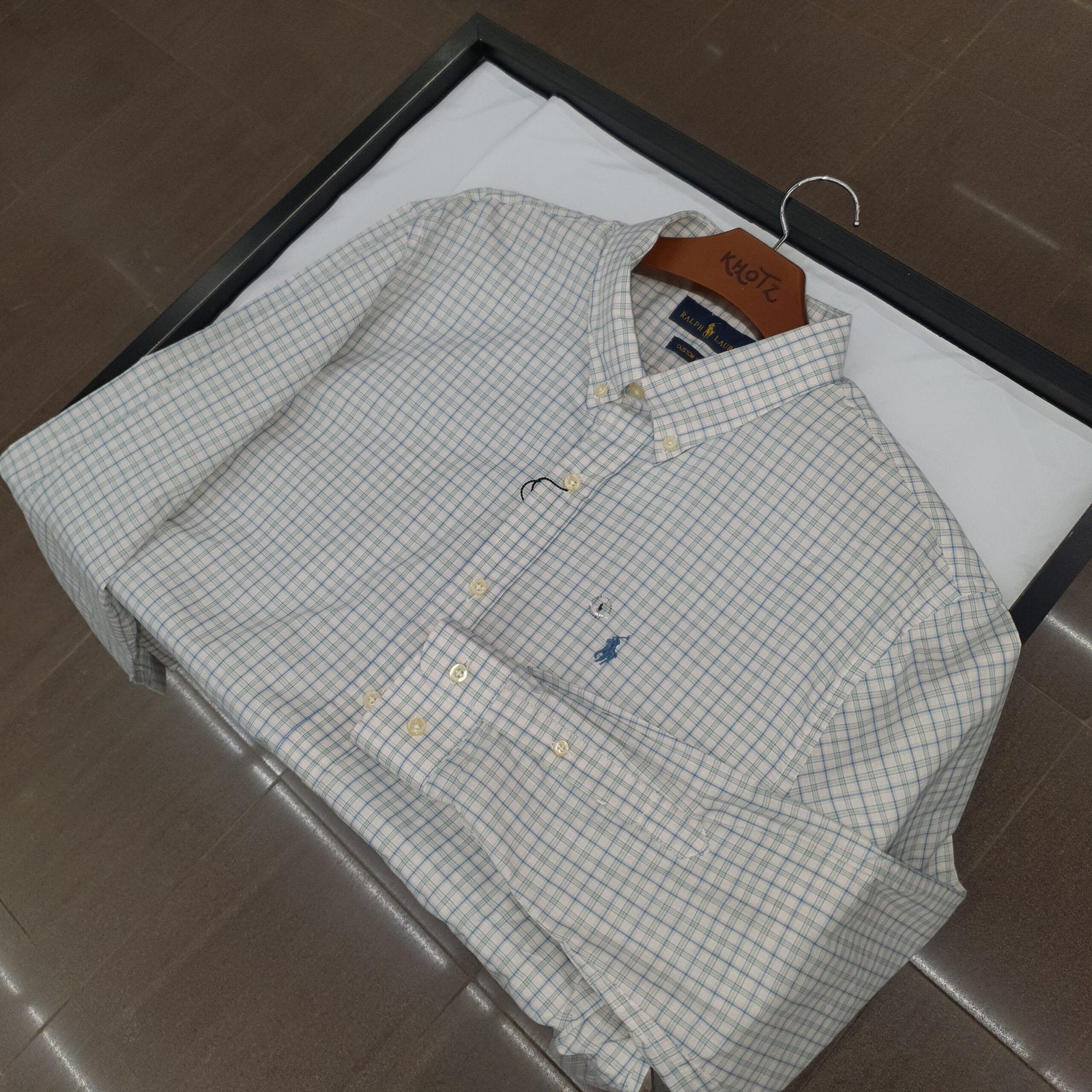 Camisa Ralph Lauren Masculina Xadrez Listrado Azul e Branco Pony Turquesa