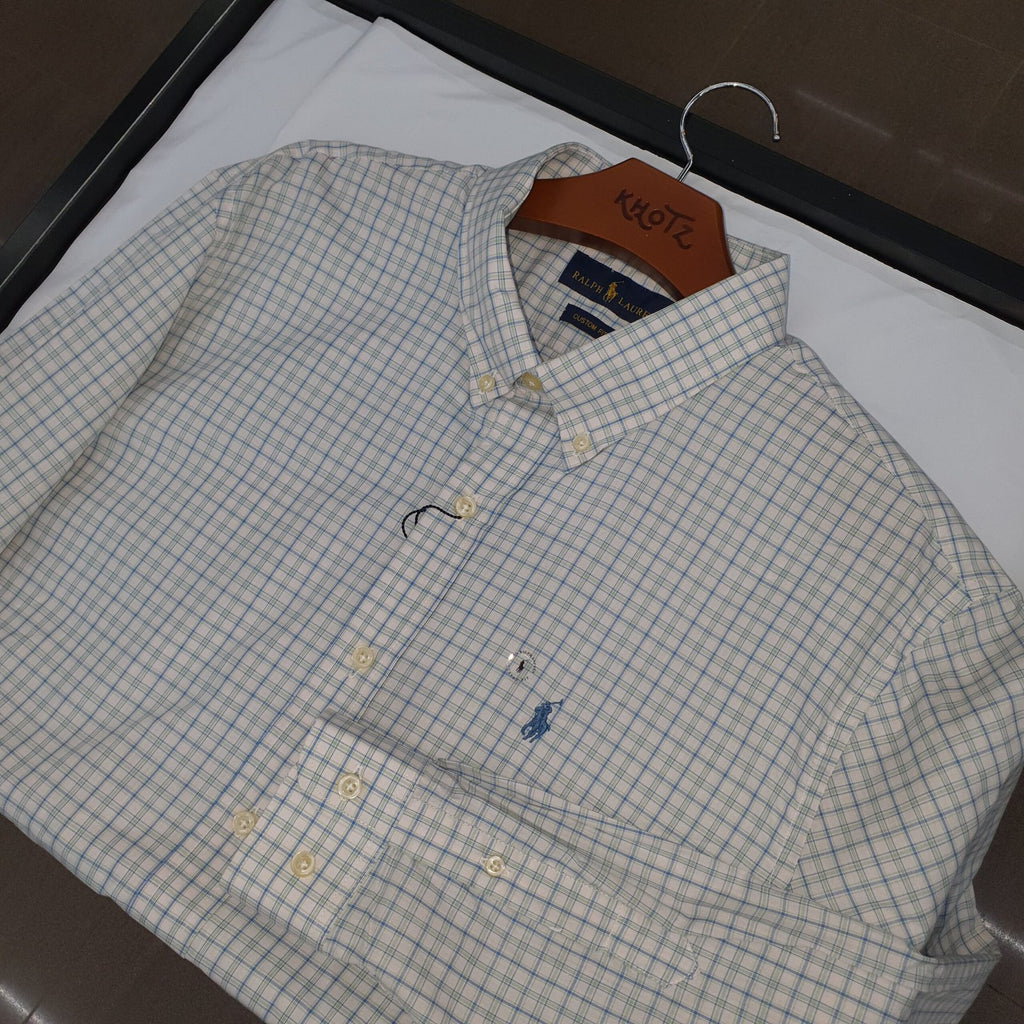 Camisa Ralph Lauren Masculina Xadrez Listrado Azul e Branco Pony Turquesa