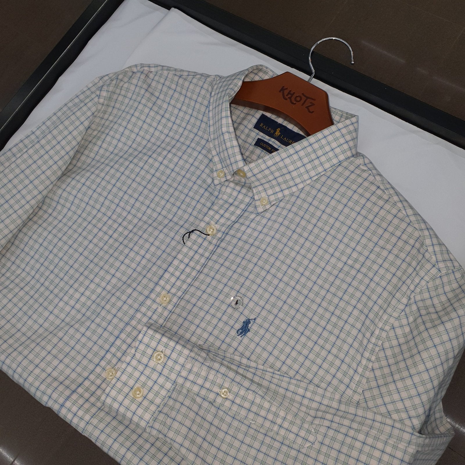 Camisa Ralph Lauren Masculina Xadrez Listrado Azul e Branco Pony Turquesa