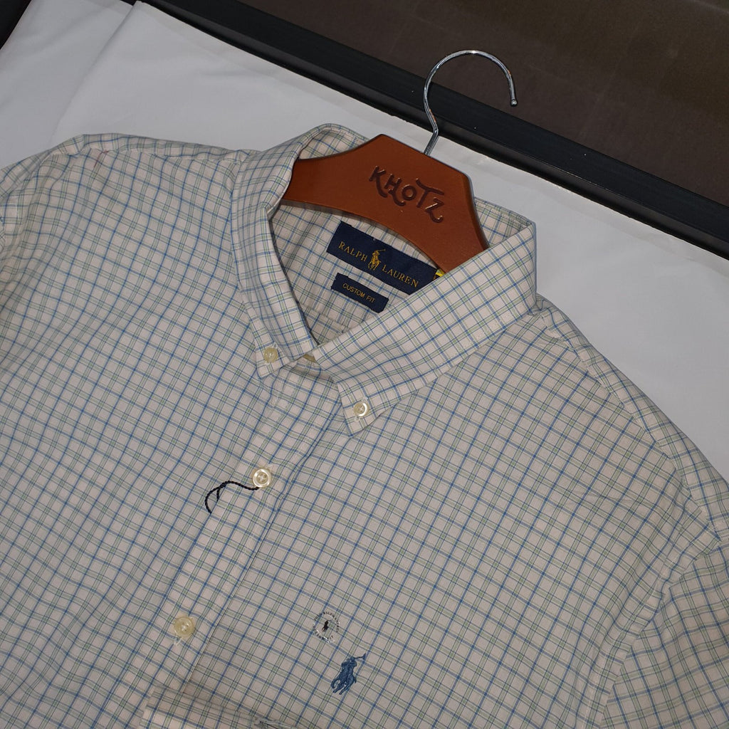 Camisa Ralph Lauren Masculina Xadrez Listrado Azul e Branco Pony Turquesa