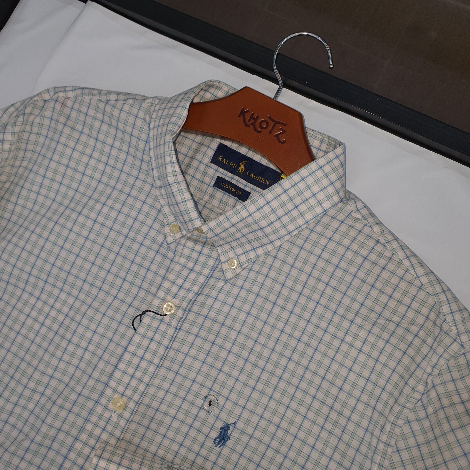 Camisa Ralph Lauren Masculina Xadrez Listrado Azul e Branco Pony Turquesa