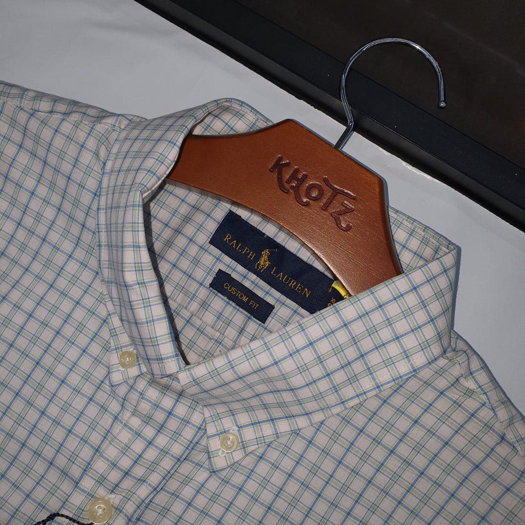 Camisa Ralph Lauren Masculina Xadrez Listrado Azul e Branco Pony Turquesa