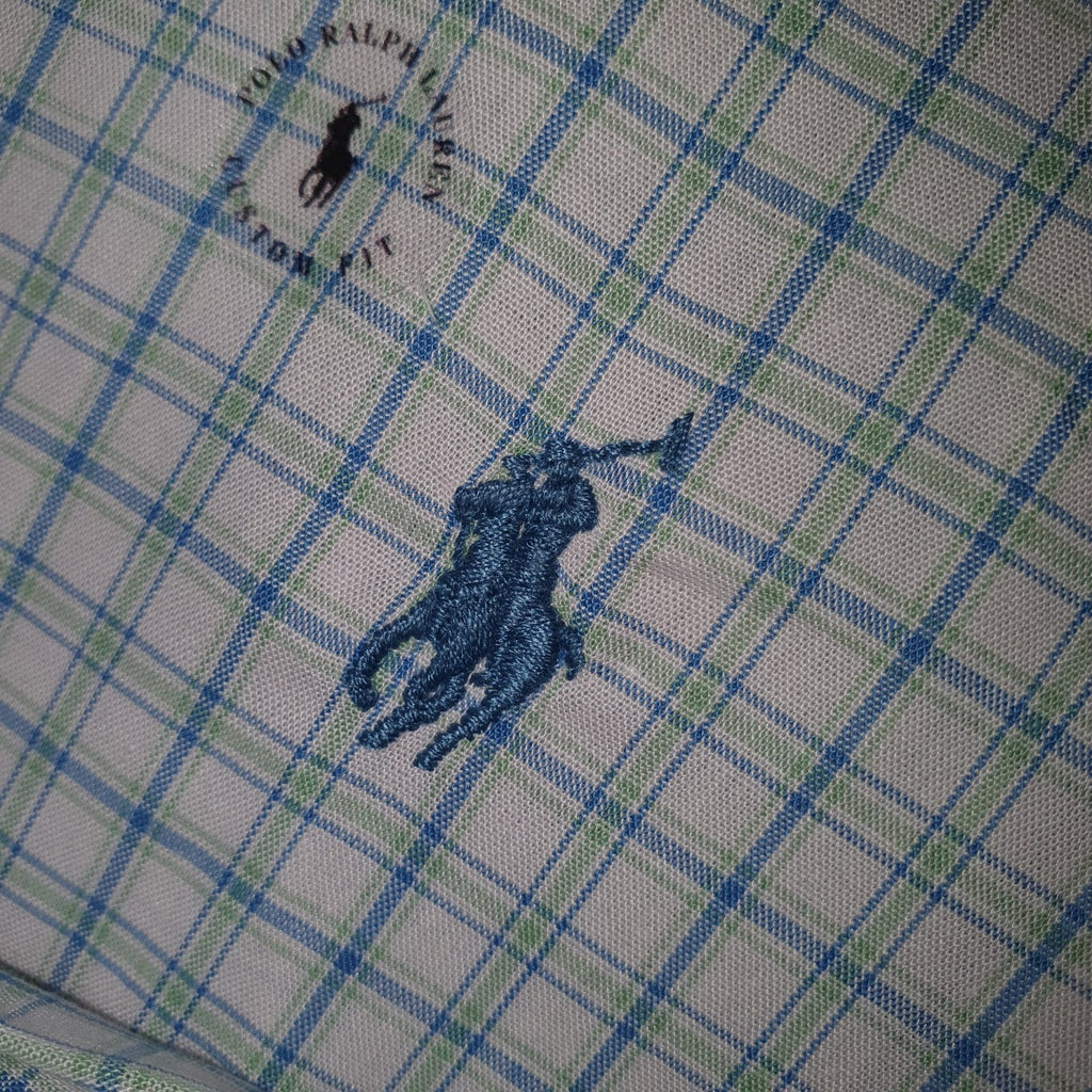 Camisa Ralph Lauren Masculina Xadrez Listrado Azul e Branco Pony Turquesa