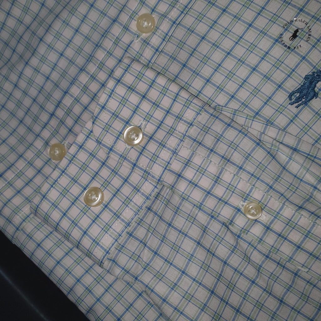 Camisa Ralph Lauren Masculina Xadrez Listrado Azul e Branco Pony Turquesa