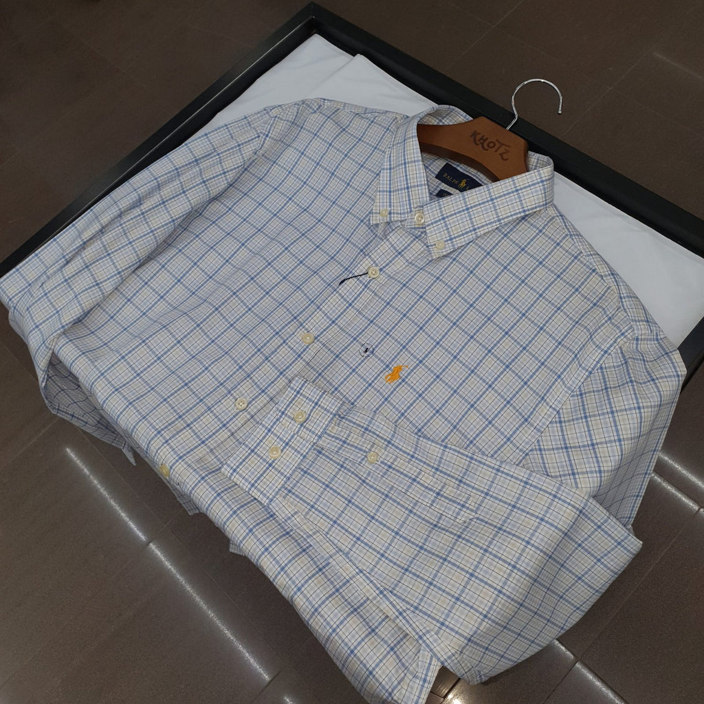 Camisa Ralph Lauren Masculina Xadrez Listrado Creme Pony Dourado