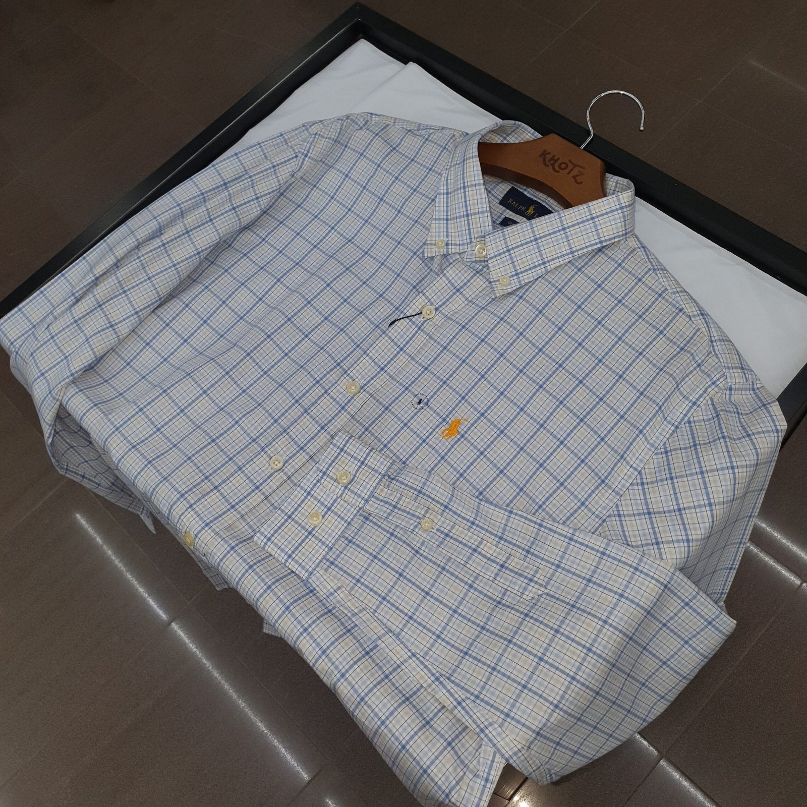 Camisa Ralph Lauren Masculina Xadrez Listrado Creme Pony Dourado