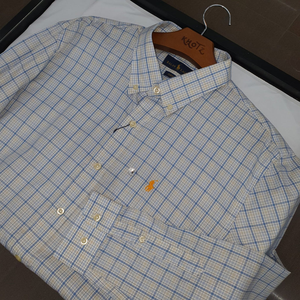 Camisa Ralph Lauren Masculina Xadrez Listrado Creme Pony Dourado