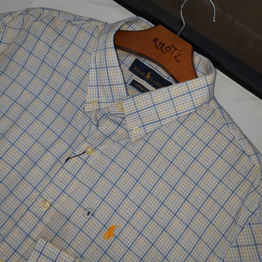 Camisa Ralph Lauren Masculina Xadrez Listrado Creme Pony Dourado