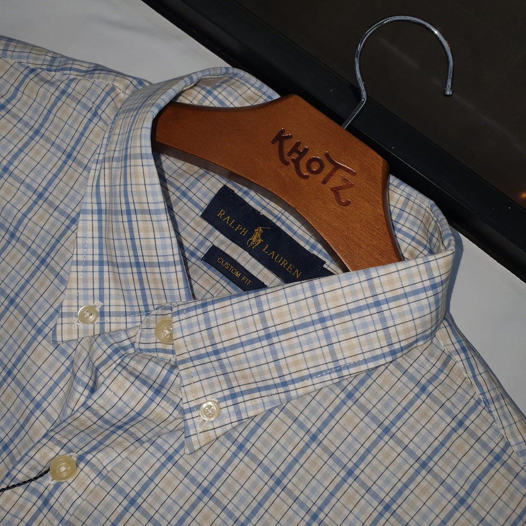 Camisa Ralph Lauren Masculina Xadrez Listrado Creme Pony Dourado