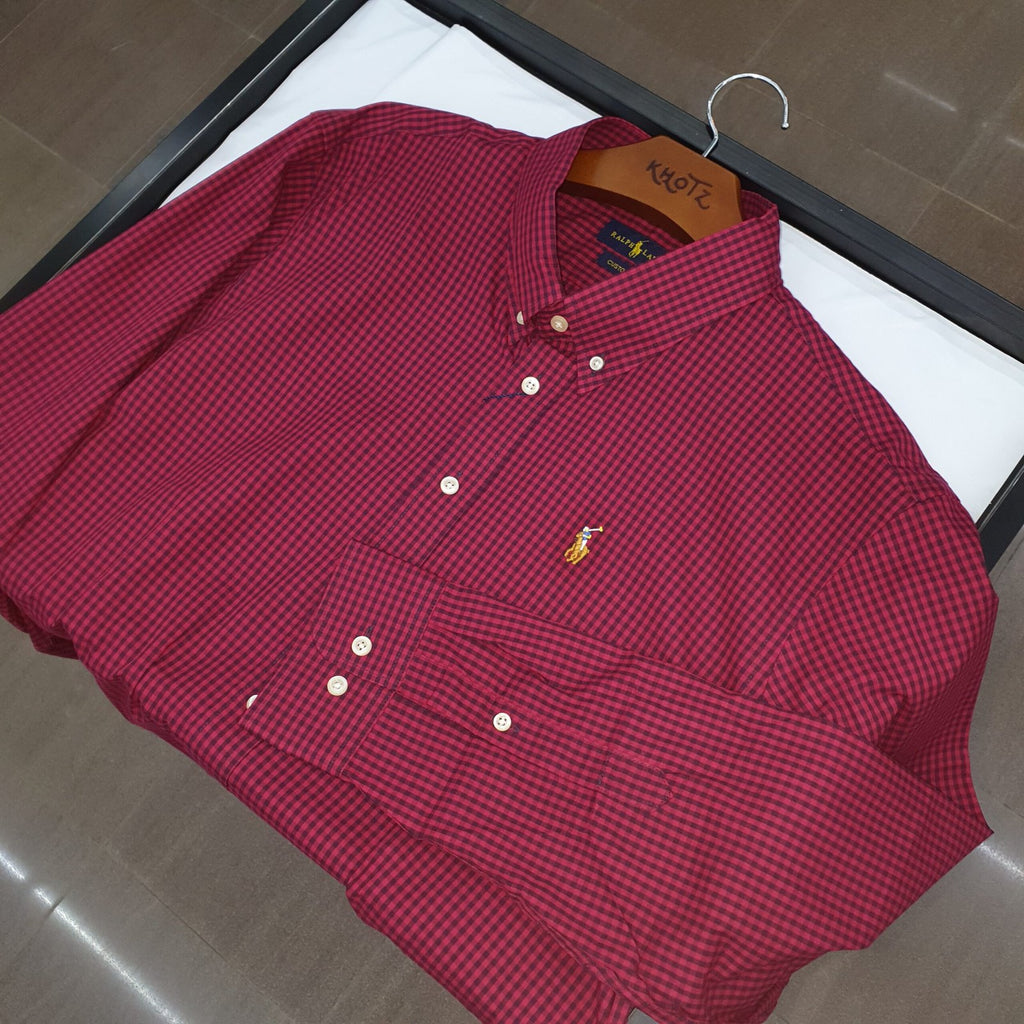 Camisa Ralph Lauren Masculina Micro Xadrez Bordô Pony Colorido