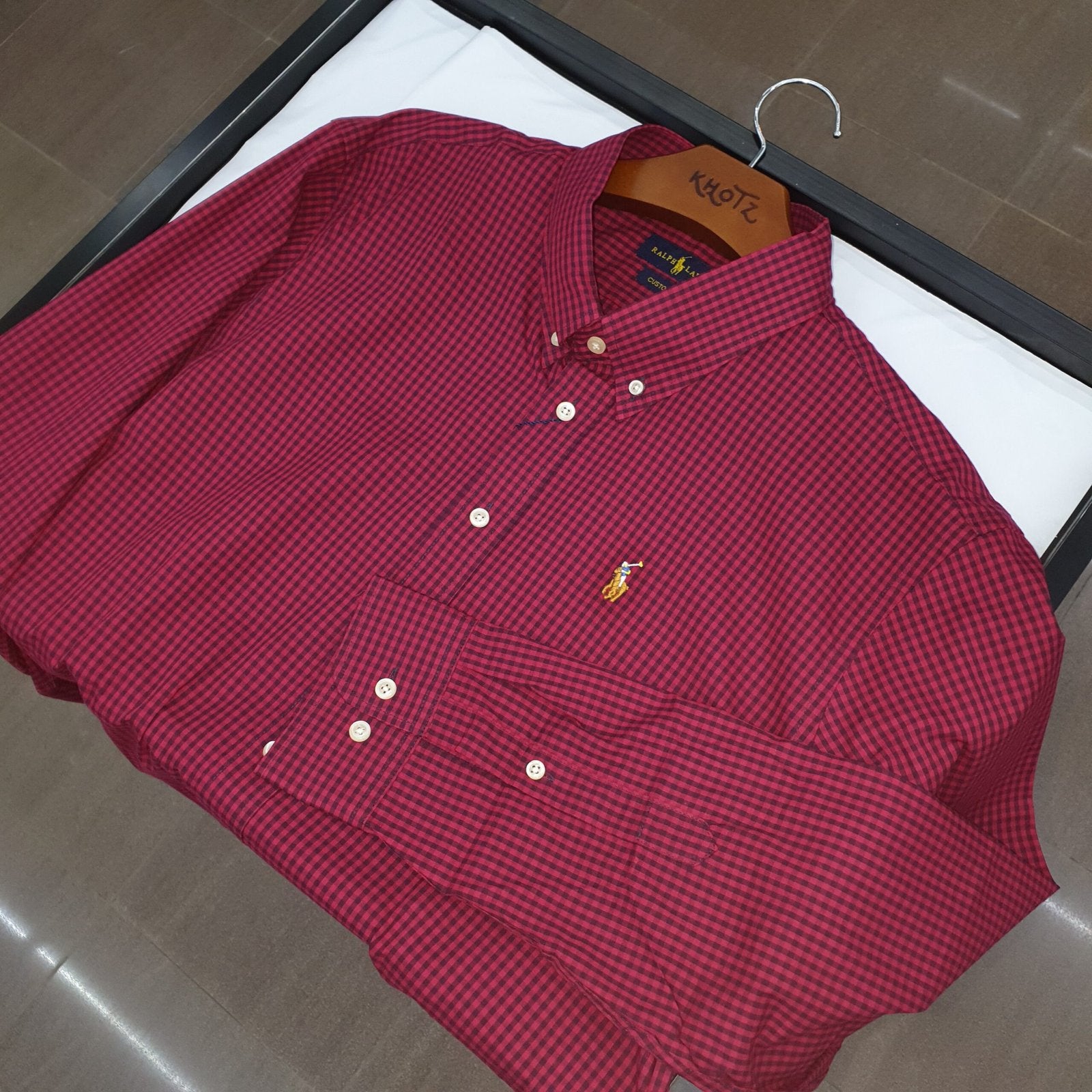 Camisa Ralph Lauren Masculina Micro Xadrez Bordô Pony Colorido