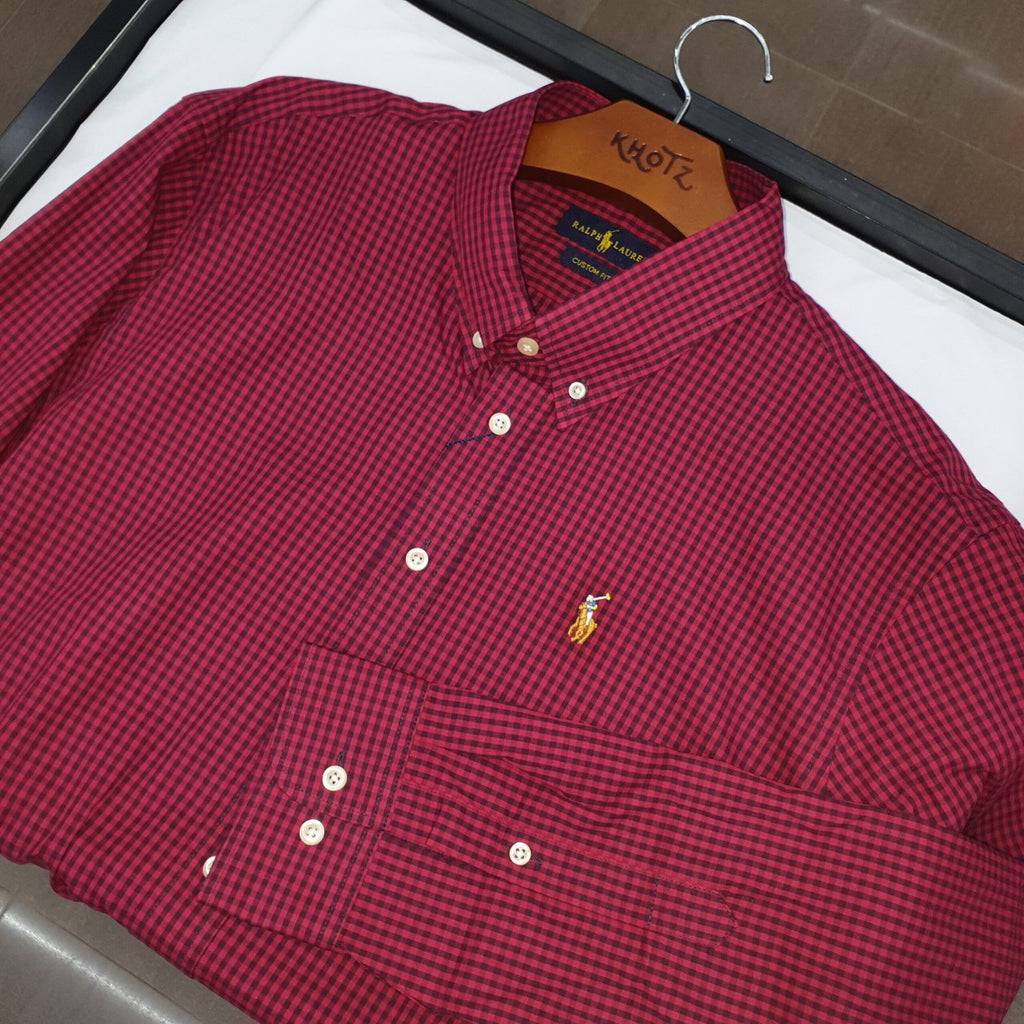 Camisa Ralph Lauren Masculina Micro Xadrez Bordô Pony Colorido