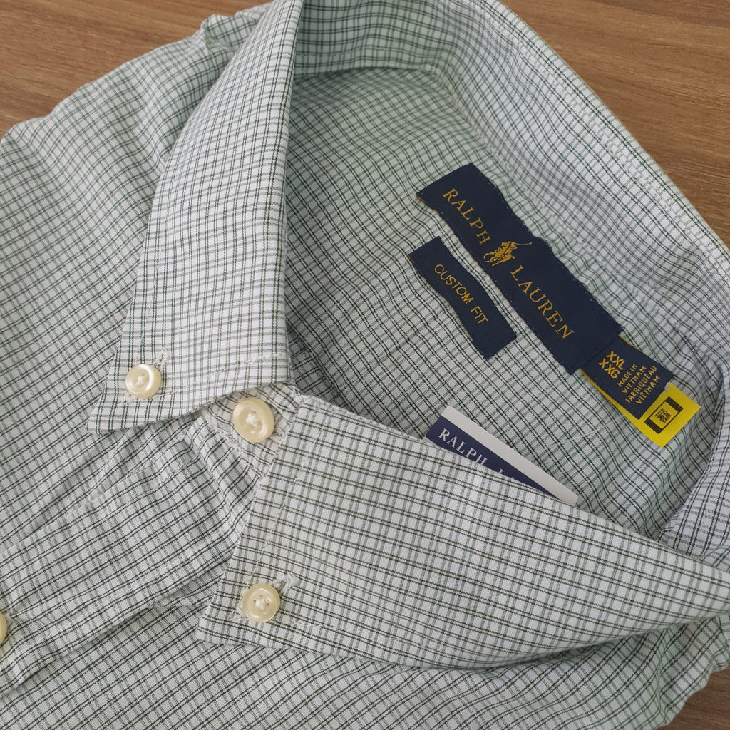 Camisa Ralph Lauren Masculina Micro Xadrez Listras Verde Pony Marinho