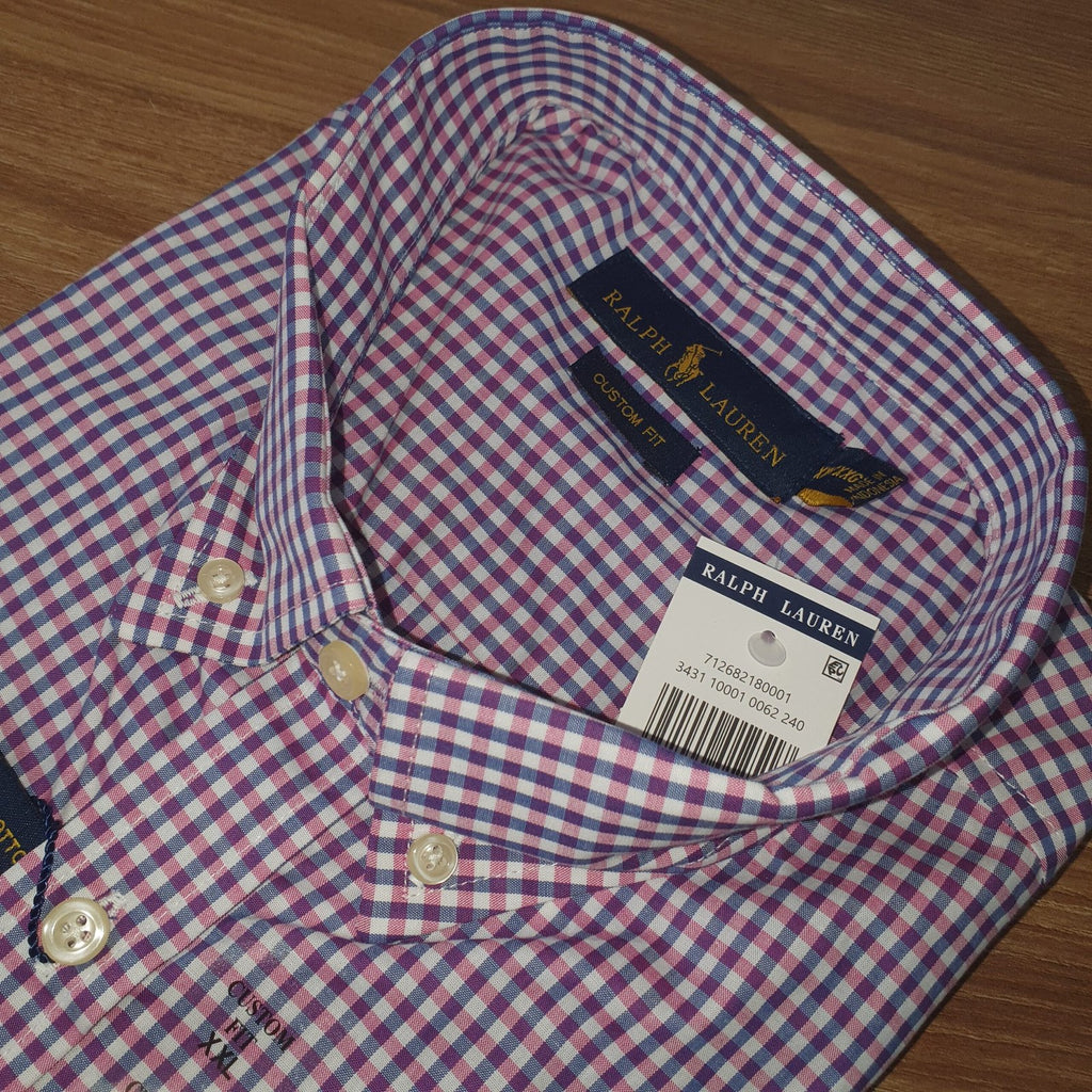 Camisa Ralph Lauren Masculina Micro Xadrez Lilás Pony Pitaya