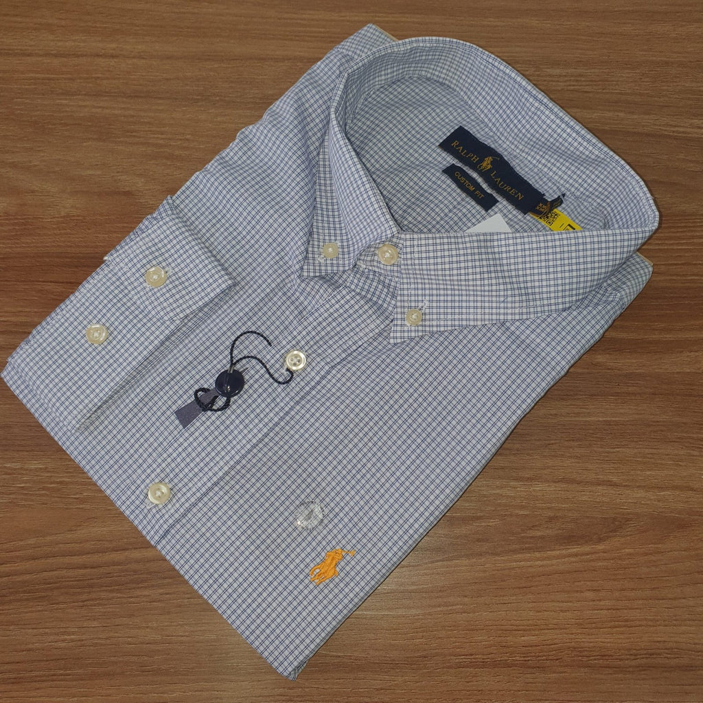 Camisa Ralph Lauren Masculina Micro Xadrez Listras Azuis Pony Dourado