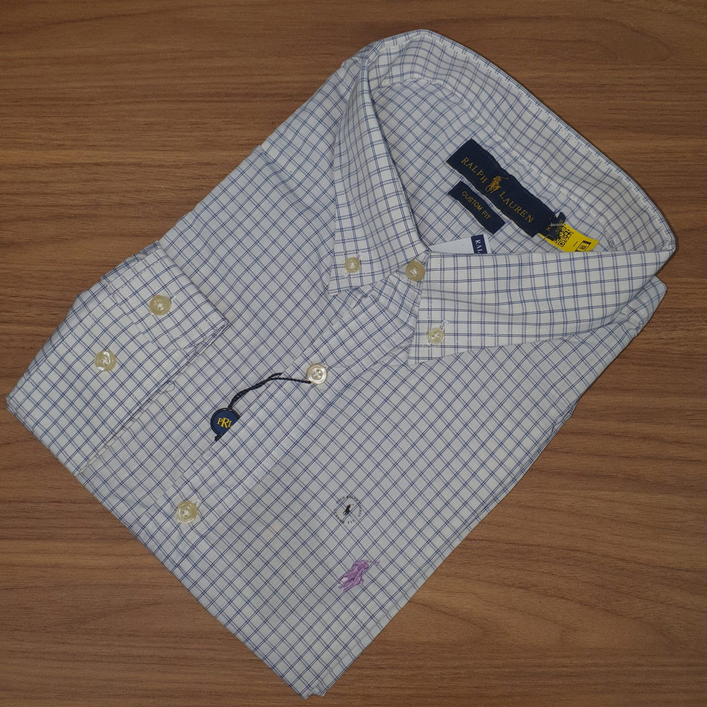 Camisa Ralph Lauren Masculina Xadrez Listras Azuis Pony Lilás