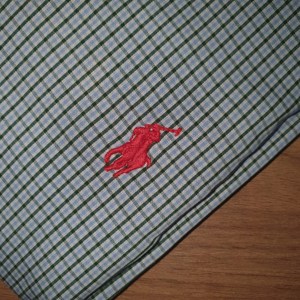 Camisa Ralph Lauren Masculina Micro Xadrez Listras Verde Pony Vermelho