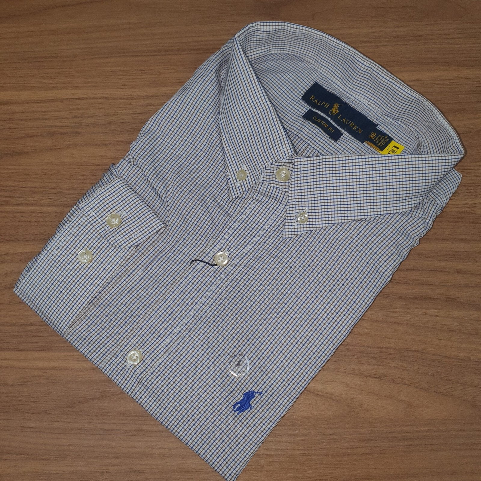 Camisa Ralph Lauren Masculina Micro Xadrez Listras Marrom Pony Azul