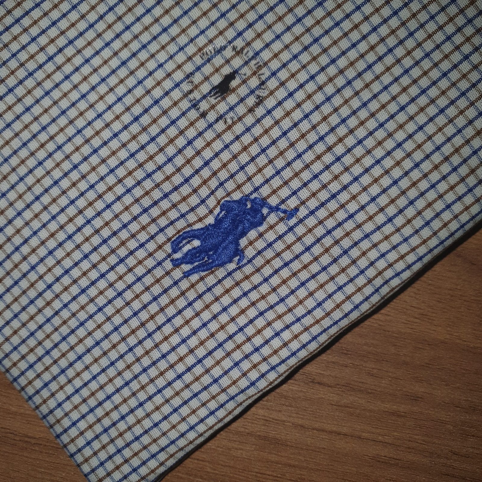 Camisa Ralph Lauren Masculina Micro Xadrez Listras Marrom Pony Azul