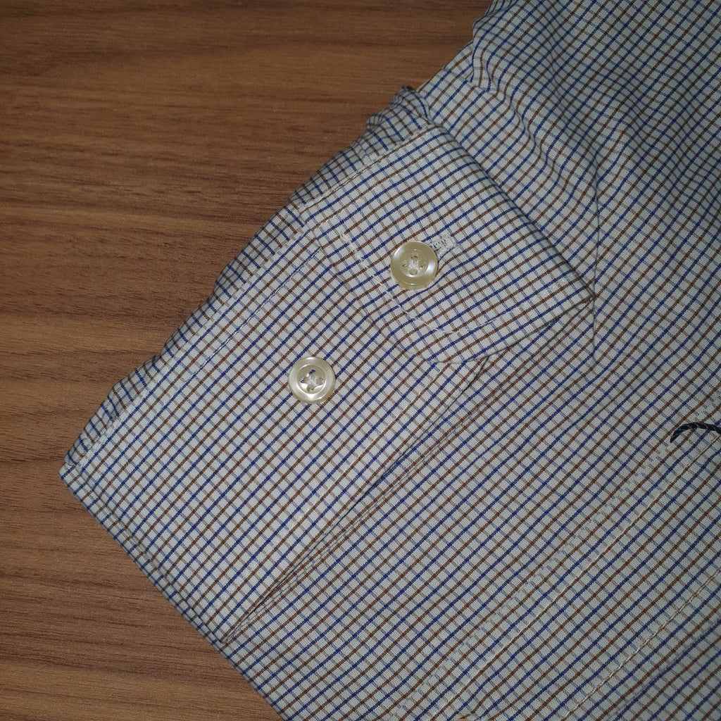 Camisa Ralph Lauren Masculina Micro Xadrez Listras Marrom Pony Azul