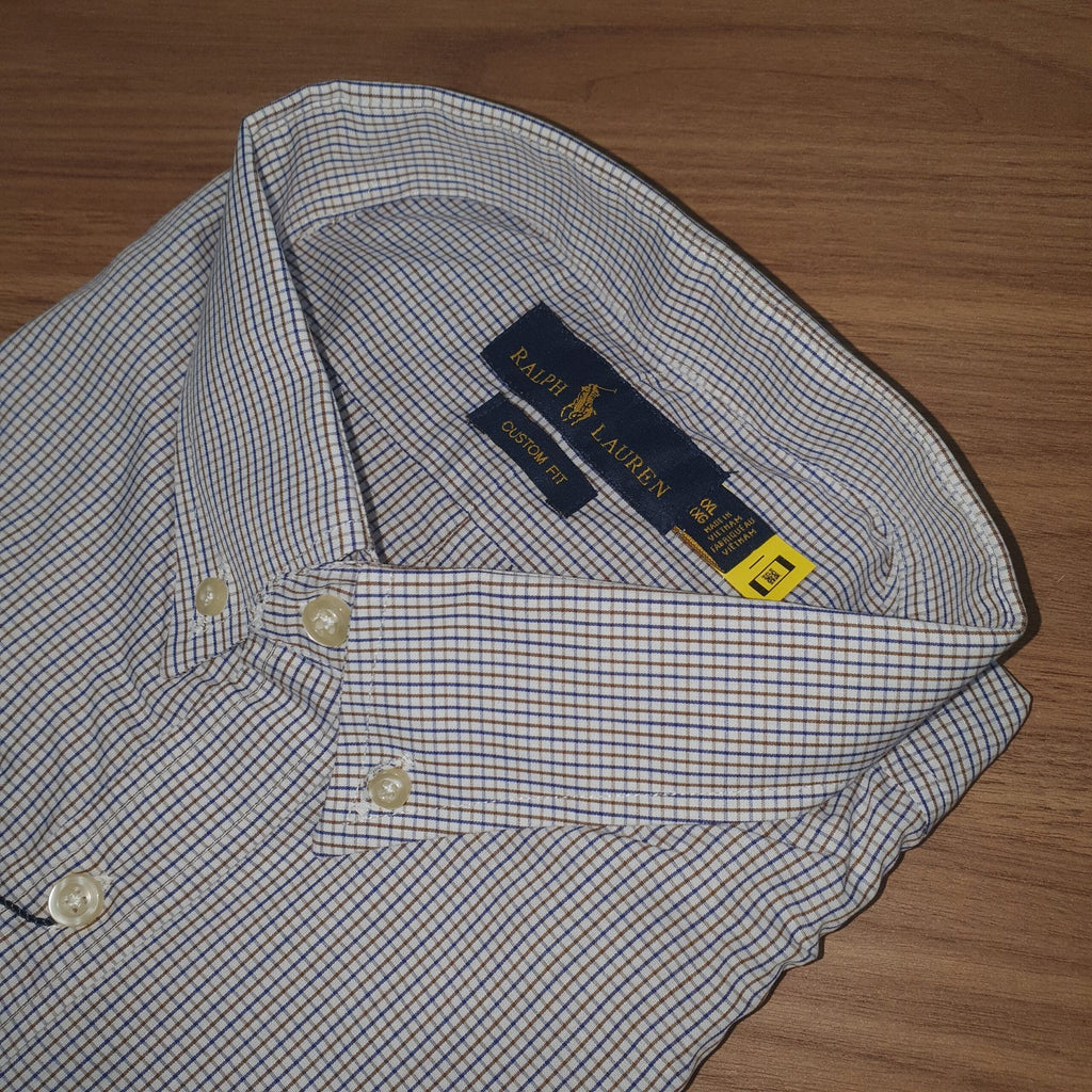 Camisa Ralph Lauren Masculina Micro Xadrez Listras Marrom Pony Azul