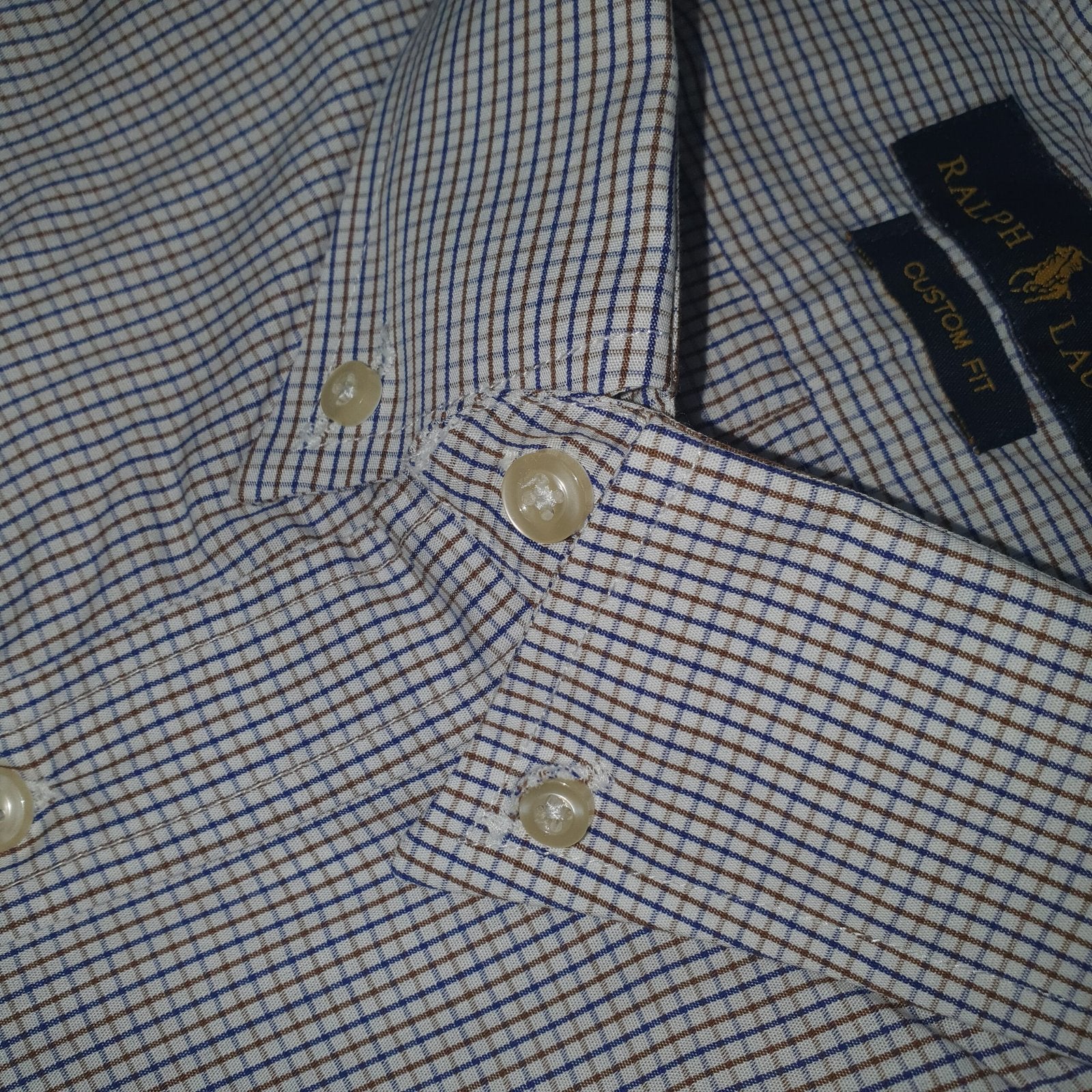 Camisa Ralph Lauren Masculina Micro Xadrez Listras Marrom Pony Azul