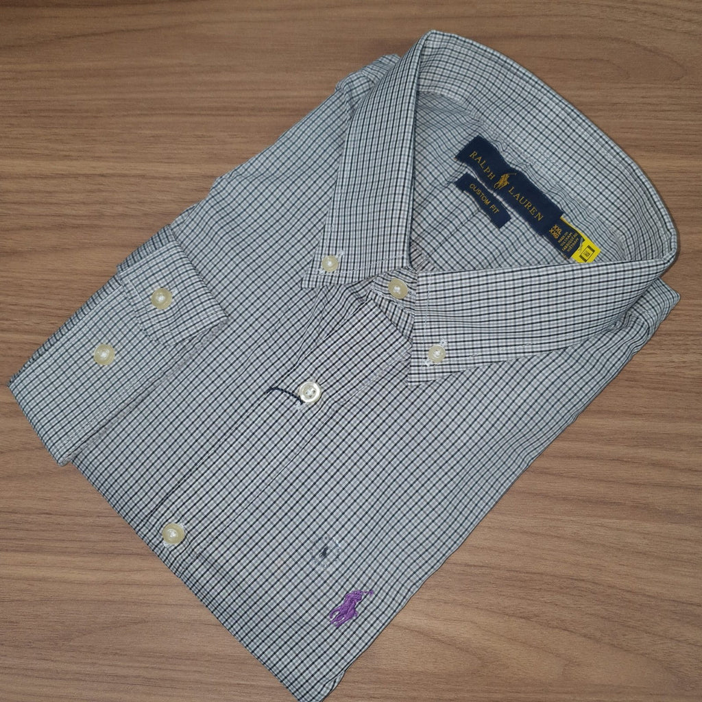 Camisa Ralph Lauren Masculina Micro Xadrez Listras Preta Pony Roxo