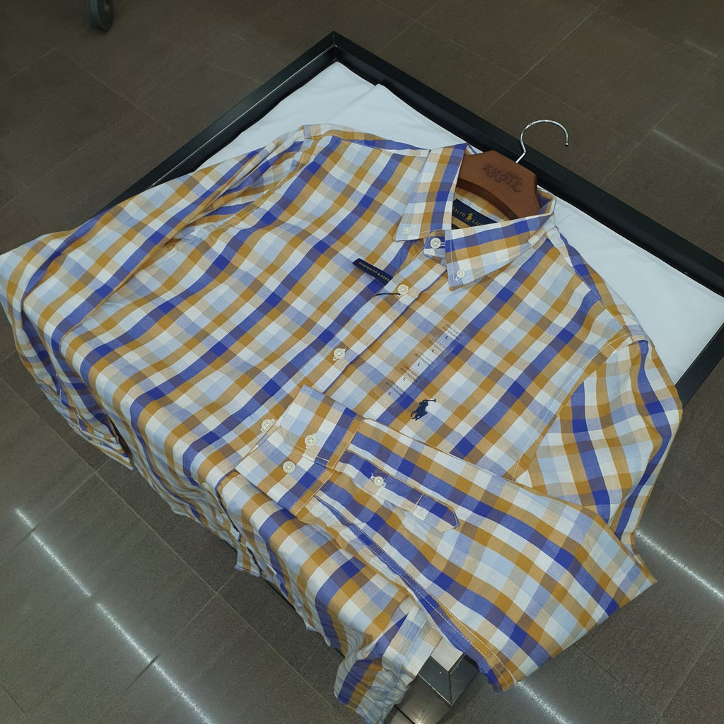 Camisa Ralph Lauren Masculina Xadrez Caramelo Pony Marinho